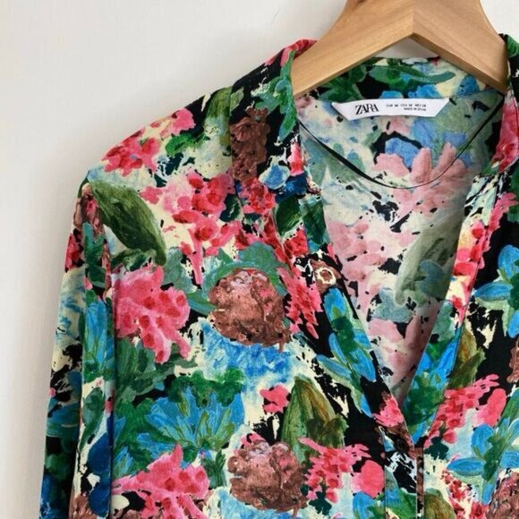 Zara Women's M Blue Pink Pastel Watercolor Button Down Shirt Top Hawaiian Beach - Picture 10 of 14